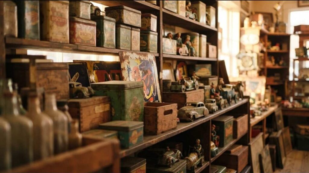Shelves of old lithographed tins, toys and wooden crates
